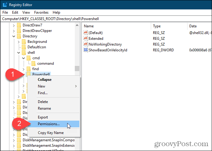 Válassza a Engedélyek lehetőséget a Powershell-kulcshoz a Windows beállításjegyzék-szerkesztőben