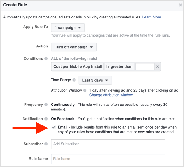 A Facebook Ads Manager automatizált szabály e-mail értesítése