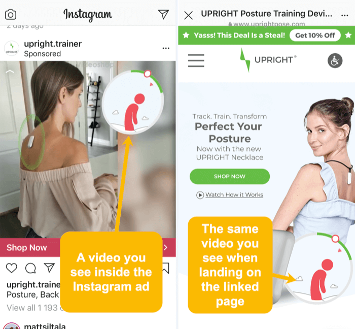 ugyanazok a videó és vizuális elemek az Instagram hirdetésben és a linkelt céloldalon