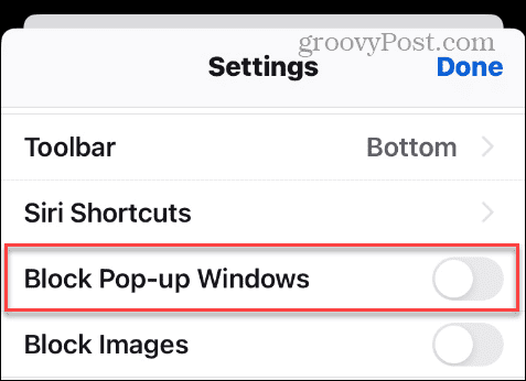 Az előugró ablakok blokkolása az iPhone Firefox beállításaiban