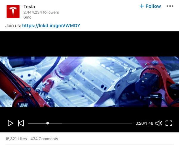 Példa a Tesla LinkedIn cégoldali videó bejegyzésére.