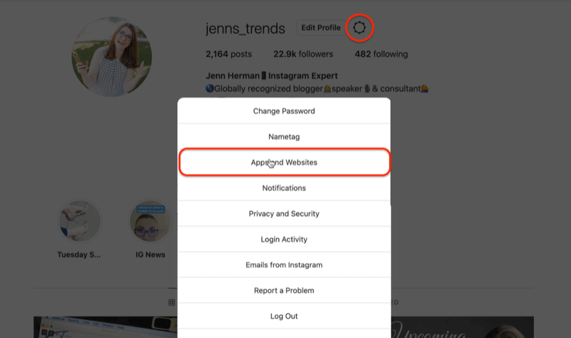 instagram profil fogaskerék ikon szerkesztése beállítások menüopciók kiemelve az alkalmazások és webhelyek opciót