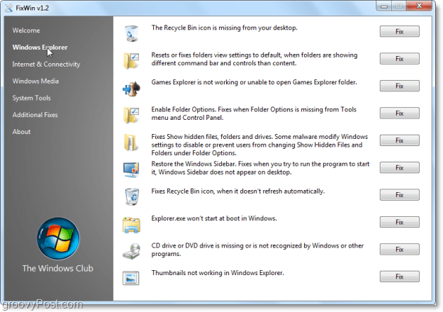 FixWin A Windows Explorer javítja a képernyőképet