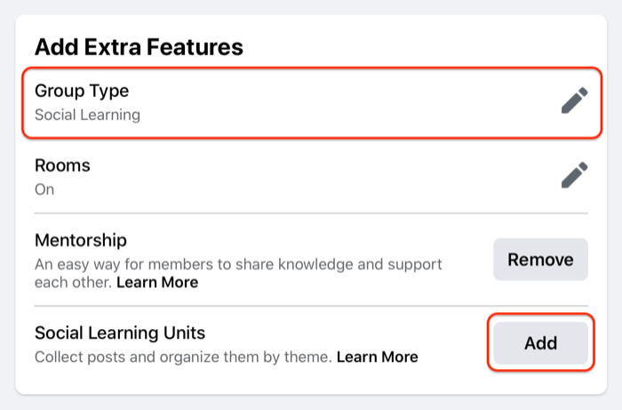 példa egy facebook csoport egység beállításokra, amelyek kiemelik a csoport típusát