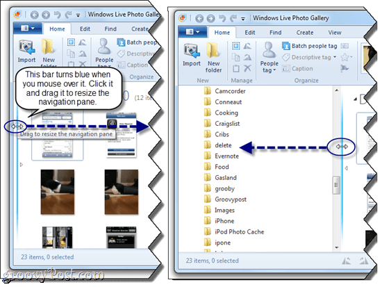 Átméretezi a navigációs ablakot a Windows Live Photo Gallery alkalmazásban