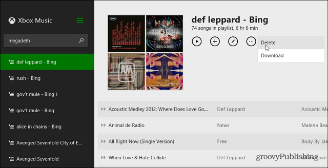 Törölje a Playlist Xbox Music alkalmazást