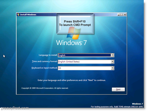 Windows 7 telepítése - Indítsa el a CMD parancssort a Shift + F10 használatával