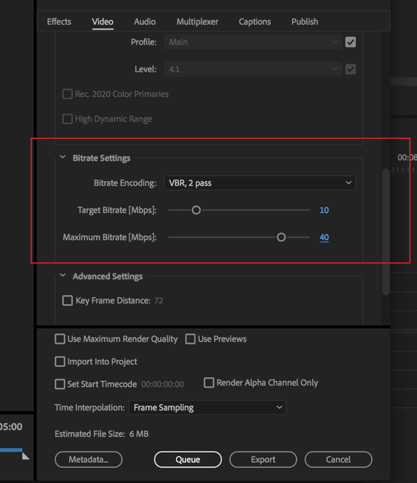 Az Adobe Premier Pro videóexportjának bitrátájának megváltoztatása.