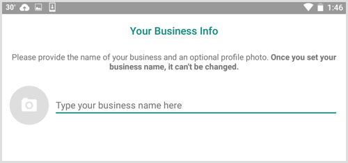 Írja be a vállalkozás nevét a WhatsApp Business Saját vállalkozás képernyőjére