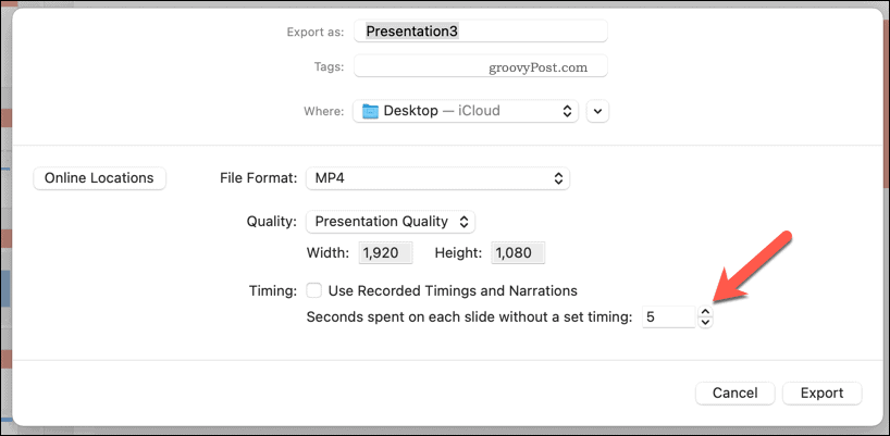 Kézi időzítés használata exportált videóhoz a Mac PowerPoint programban