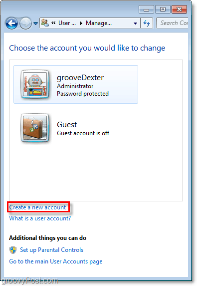a Windows 7 fiókok áttekintő oldalán használja a linket egy új fiók létrehozásához