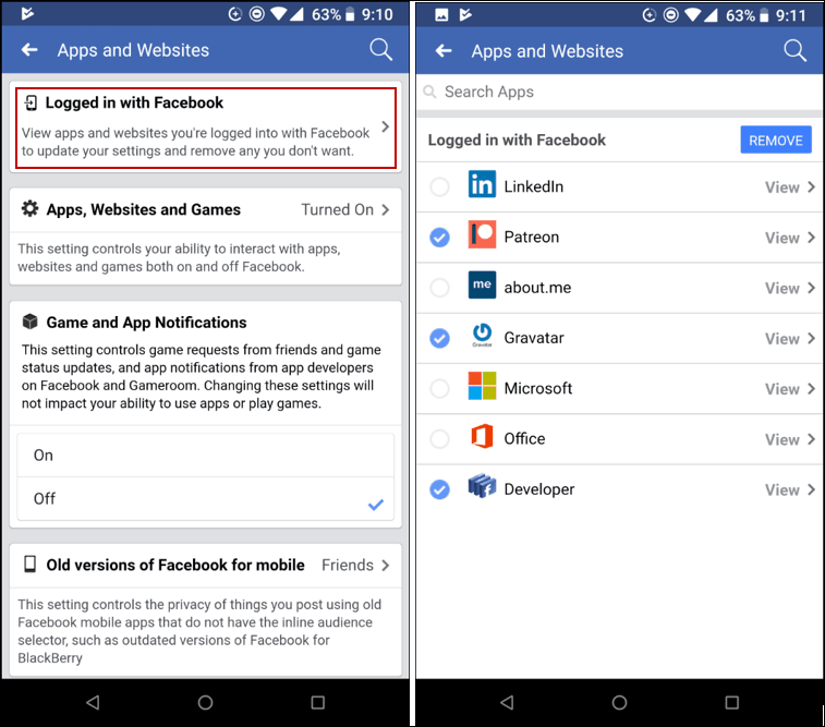 Távolítsa el az Apps Facebook Mobile alkalmazást