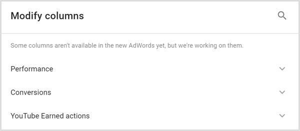 A Google AdWords elemzés módosítja az oszlopok képernyőt