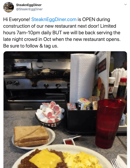 A @steakneggdiner twitter-üzenetének képernyőképe korlátozott órákon keresztül tweetelt az új étterem építése során