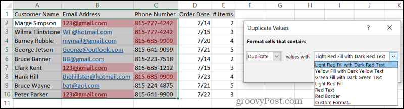Válassza a Formátum duplikátumokhoz elemet az Excelben