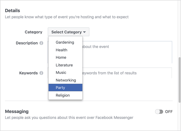Válassza ki azt a kategóriát, amely a legjobban leírja a virtuális Facebook-eseményét.