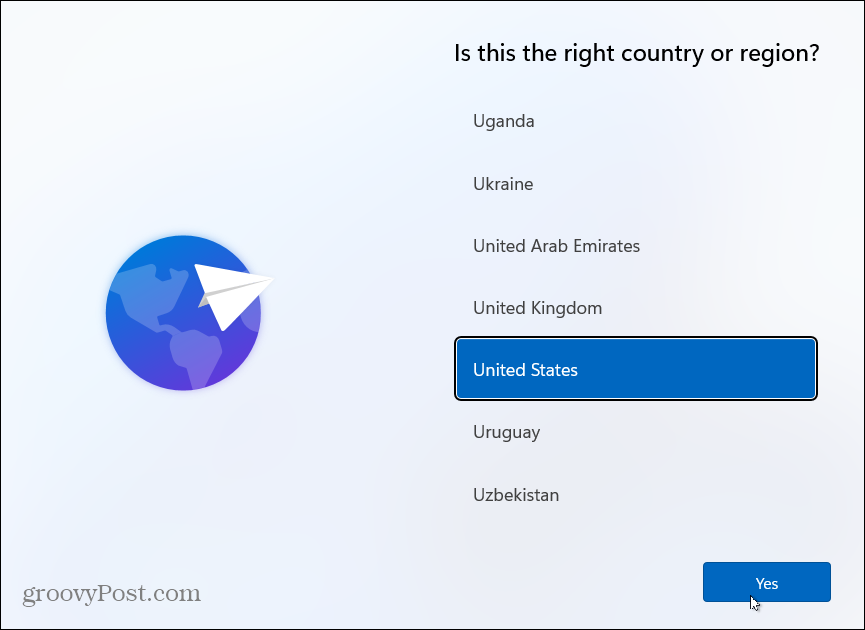 Válassza az Ország Telepítése Windows 11 lehetőséget