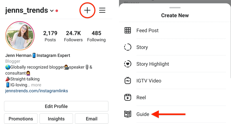 példa instagram profilra a + ikon kiemelve, és az új előugró menü létrehozása, kiemelve az útmutató opciót