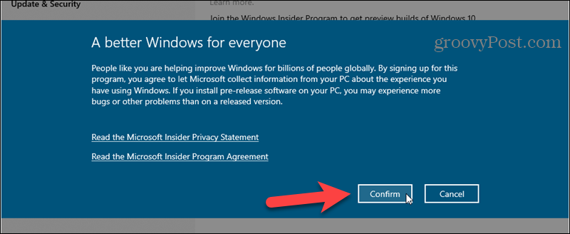 Erősítse meg a Windows Insider program regisztrációját