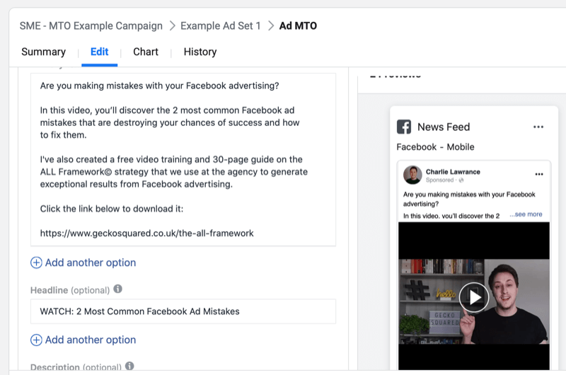 lépésről lépésre áttekintést készíthet egy Facebook kampány létrehozásáról több szöveges lehetőséggel