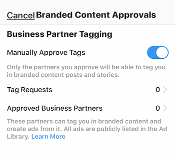 Az Instagram márkájú tartalom-jóváhagyási beállításai az üzleti profilhoz