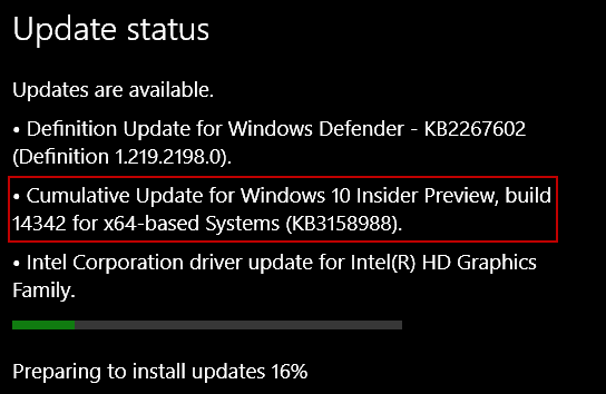 A Windows 10 frissítése a KB3158988 fájlhoz az Preview Build 14342 PC-khez