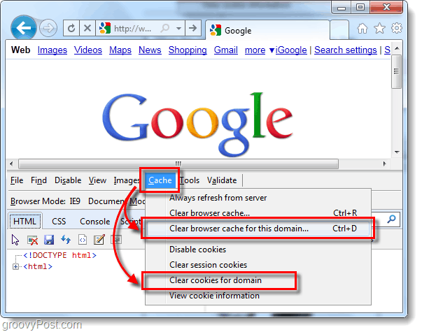 Az Internet Explorer 9 gyorsítótárának és az egyes webhelyekhez tartozó sütik törlése