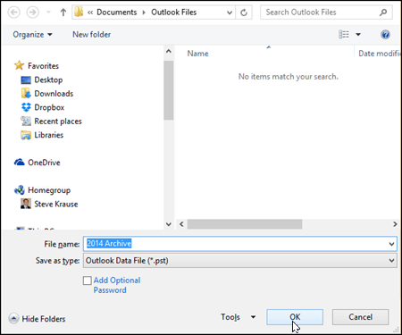 Outlook 2016 - Válassza ki a PST fájl nevét és helyét