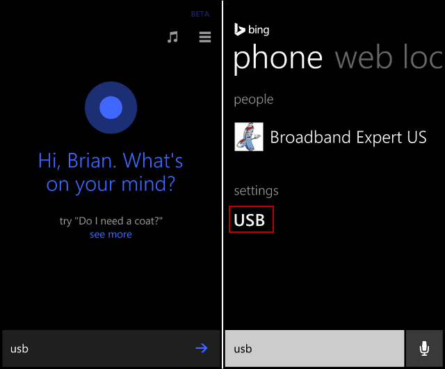 Cortana USB keresés