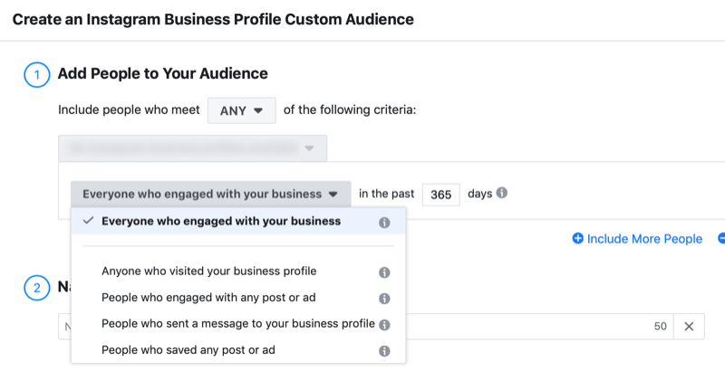 beállítási ablak az Instagram üzleti profil elköteleződés egyéni közönségéhez