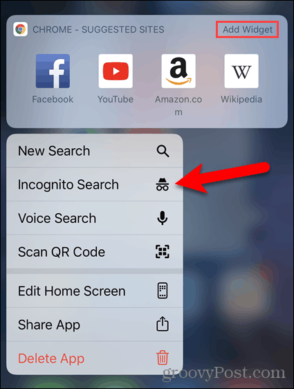 Hosszan nyomja meg a Chrome ikont, és válassza az inkognitókeresés lehetőséget