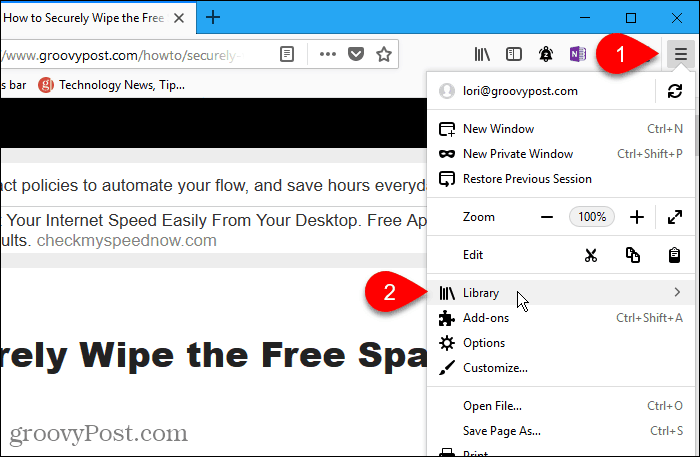 Válassza a Library a Firefox for Windows elemet