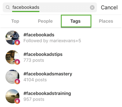 Hogyan lehet stratégiai módon megnövelni Instagram-ját, kövesse a 9. lépést, keresse meg a megfelelő hashtageket, keressen például a „facebookads” kifejezésre