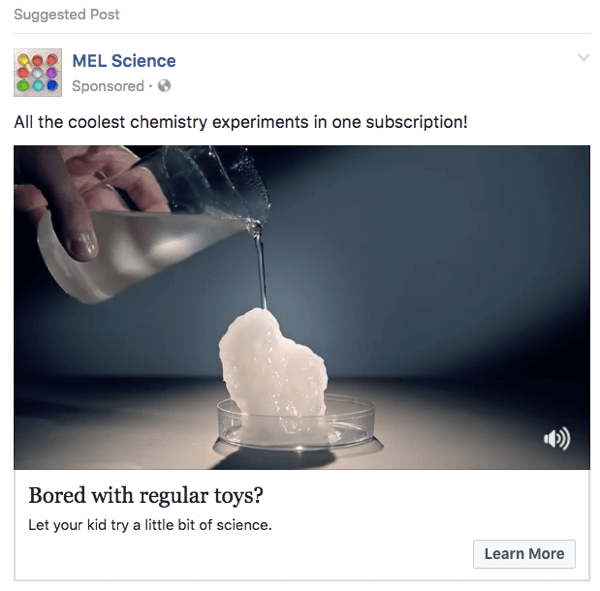 Ez a MEL Science Facebook-hirdetés egy YouTube-videó klipjeit használja.