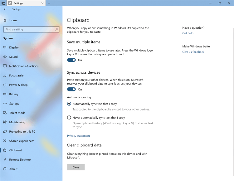 Windows 10 RS5 Cloud vágólap