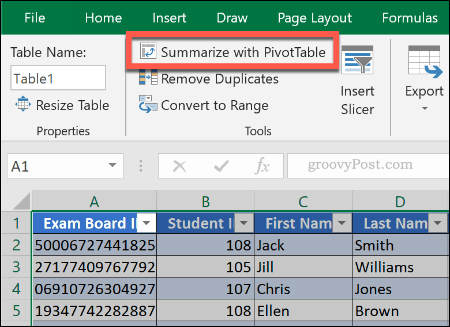 Pivot tábla létrehozása egy meglévő táblából az Excelben
