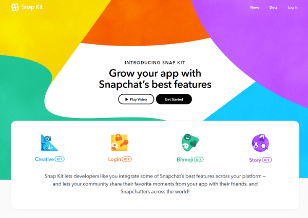 Snap Inc. bemutatta a Snap Kit, egy teljes értékű fejlesztői készletet, amely lehetővé teszi az alkalmazásgyártók számára, hogy az alkalmazásaikba vigyék a Snapchat legjobb részeit.
