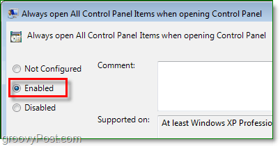 engedélyezési opció a vezérlőpanel minden elemének mindig megnyitásához a Windows 7 rendszerben