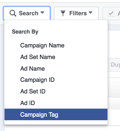 Címke szerint keressen Facebook hirdetési kampányokat.