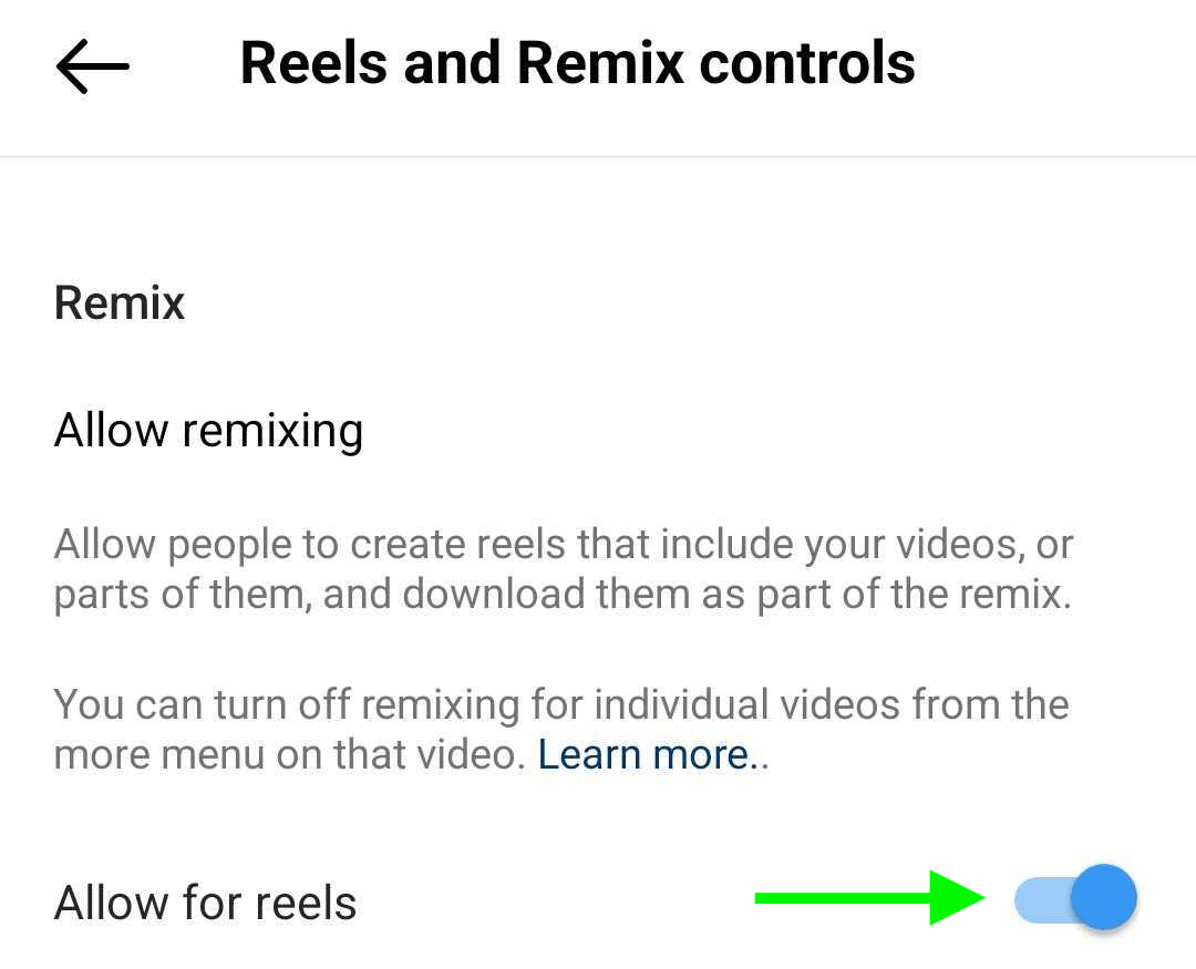 Reels and Remix Controls képe az Instagram üzleti profil beállításaiban