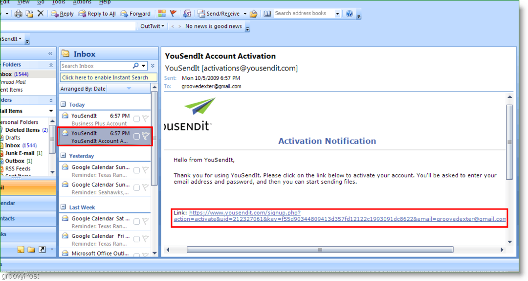 YouSendIt aktiválási link az Outlookban