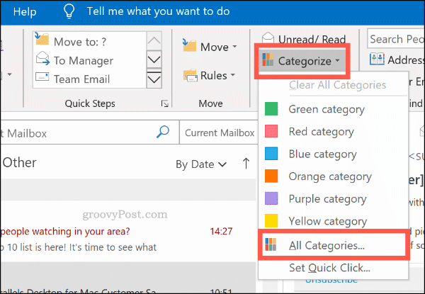 A kategorizálási menü az Outlook színkategóriáinak megjelenítéséhez