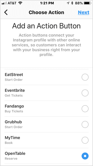Válasszon egy műveletgombot annak hozzáadásához az Instagram üzleti profiljához.