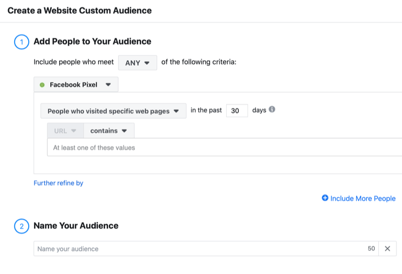 példa facebook hozzon létre egy egyedi egyéni közönségmenüt, amely tartalmazza a meglátogatott személyek felvételének lehetőségeit meghatározott weboldalak az elmúlt 30 napban a facebook pixel használatával, a közönség megnevezésének lehetőségével együtt
