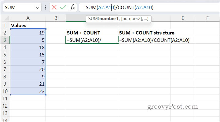 Átlagok kiszámítása SUMCOUNT használatával Excelben