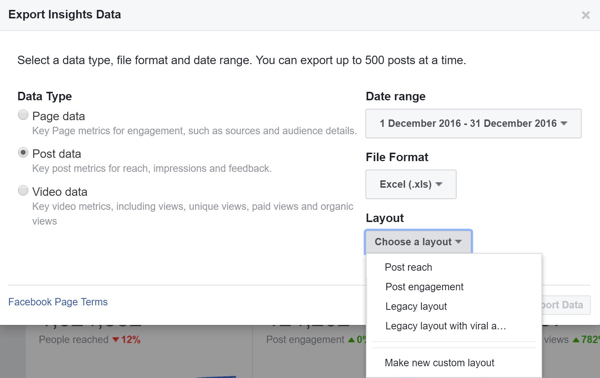 Válasszon elrendezést a Facebook Post Data Insights exportálásakor.