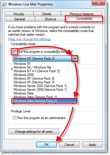 Windows Live Mail Vista kompatibilitási mód