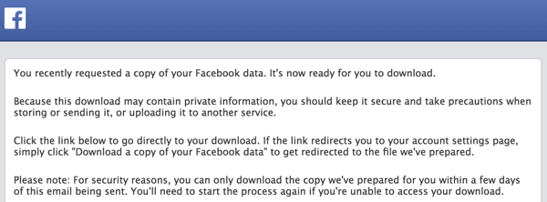 A Facebook e-mailt küld, amikor archívuma készen áll a letöltésre.