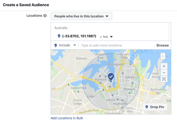 Hogyan népszerűsítheti élő eseményét a Facebookon, 5. lépés: lehetőség az esemény helye alapján mentett közönség létrehozására