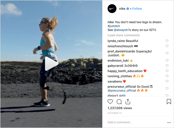 Nike Instagram bejegyzés, amely népszerűsíti az IGTV-t